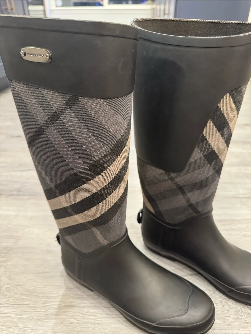 Authentic Burberry Nova Check Tall Rain Boots Black (Size: 39/8.5)